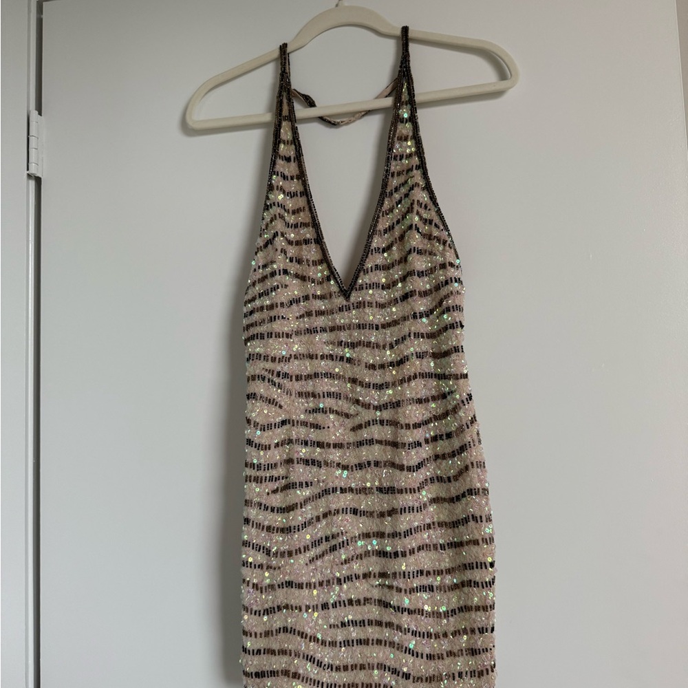 Lovers + Friends Tan and Brown Sequin Halter Slip Dress